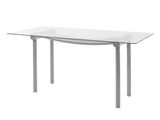 La table a un plateau en verre et des pieds en métal.