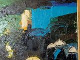 a painting of people with umbrellas walking in the rain