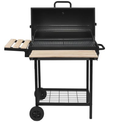 un barbecue noir avec un plateau en bois et une grille