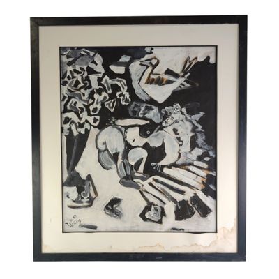 peinture en noir et blanc représentant un chat et un chien posés sur une table