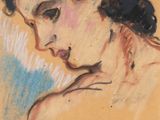 tableau représentant la tête d'une femme aux cheveux bouclés, vêtue d'une robe bleue