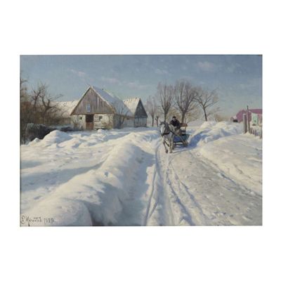 un tableau représentant une calèche tirée par des chevaux sur une route enneigée