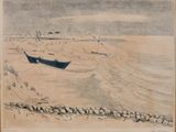 drawing of a boat on the shore of a body of water