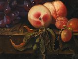 painting of a still life of fruit on a table with grapes, peaches, plums, and other fruit