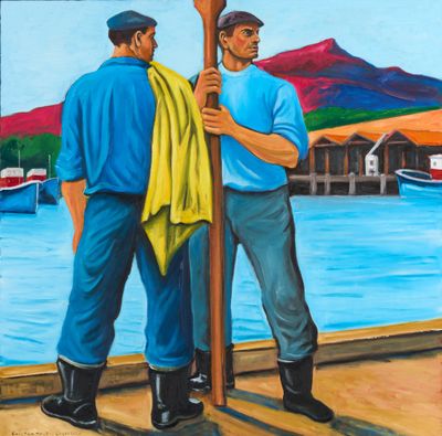 tableau représentant deux hommes debout côte à côte sur un quai