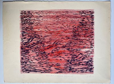 an old picture of a red and black painting on a white wall