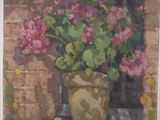 a painting of flowers in a vase on a ledge