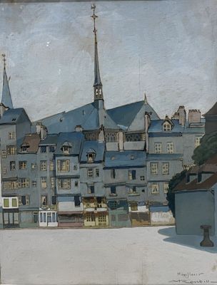 a painting of a building with a clock tower on it