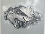 painting of a car with a damaged hood sitting on top of it