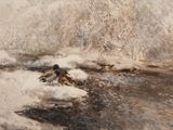 une peinture représentant deux canards dans l'eau