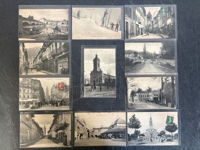 several black and white photographs of old buildings and a clock tower
