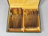 silverware in a yellow case with green trim and handles