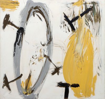 an abstract painting with yellow and black paint on a white background