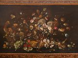 painting of a still life of flowers and fruit in a vase on a table