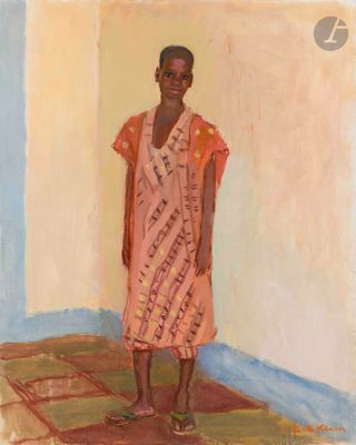 an oil painting of a woman standing on a rug in a room