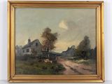 un tableau représentant une scène de vie à la campagne, avec une route menant à une maison