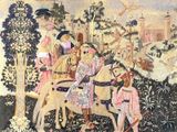 un tableau représentant un homme à cheval avec une femme à ses côtés