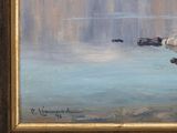 a painting of a man fishing in a lake