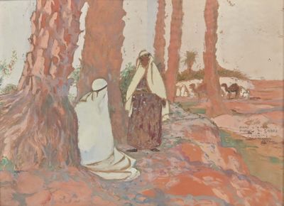 un tableau représentant deux personnes assises sous un arbre