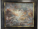a painting of a landscape with trees and clouds in a black frame