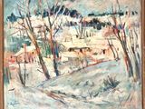 an oil painting of a snowy landscape with trees in the foreground