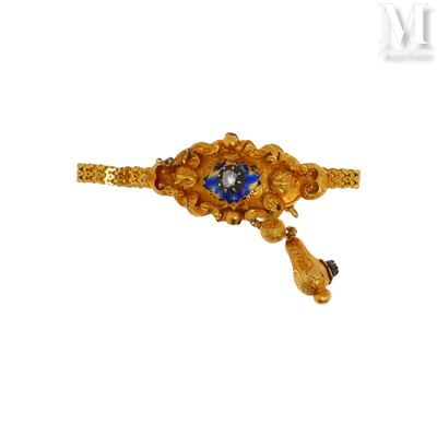 une image montrant un gros plan d'une broche bleue et dorée