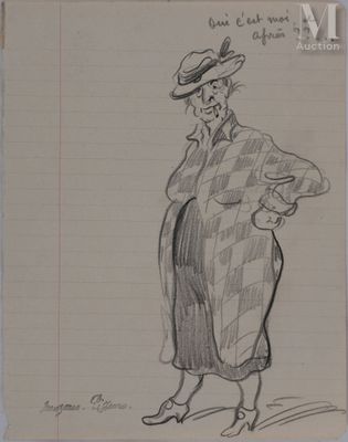 un dessin représentant un homme portant un chapeau et un manteau, muni d'une canne