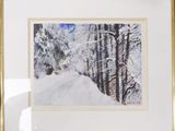painting of a snowy road in the woods with trees in the background