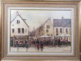 une peinture à l'huile représentant une scène de rue avec une foule de passants