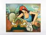 a painting of a woman with a red hat working on a machine