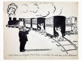 cartoon drawing of a train with a man standing on the tracks next to a train with smoke coming out of it