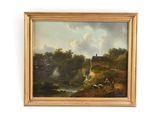 une peinture à l'huile représentant un paysage fluvial avec une maison au loin
