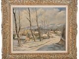 une image représentant un tableau représentant un paysage enneigé avec une maison au loin
