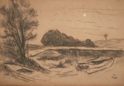 un dessin représentant un bateau au bord d'un lac