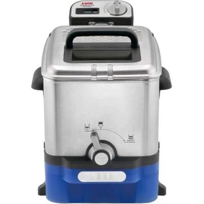 a close up of a blue and silver toaster on a white background