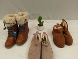 four pairs of shoes are lined up on a white surface