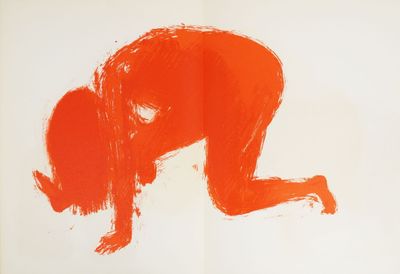 painting of a man bending over with his head down on a white surface