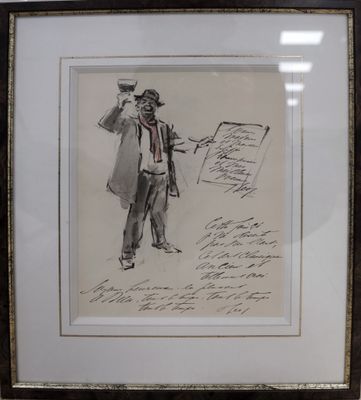 drawing of a man in a hat and coat holding a piece of paper