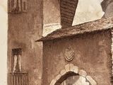 a drawing of a building with a gate in the middle of it