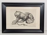 drawing of a tiger in a black frame on a white wall