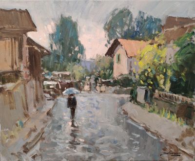 tableau représentant une personne marchant dans la rue avec un parapluie