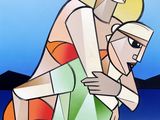 a painting of a woman carrying a child on her back