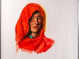 painting of a woman in a red shawl with a handwritten letter