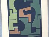 peinture représentant un motif abstrait vert, bleu et marron sur fond blanc