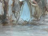 painting of a group of people walking down a street with umbrellas