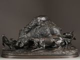 bronze statue of a man with a dog and a cat