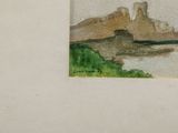 a watercolor painting of a mountain with a lake in the foreground