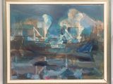 a painting of a couple of boats in the water