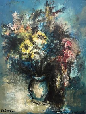 painting of a painting of a vase of flowers on a table