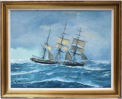 an oil painting of a sailing ship in the ocean